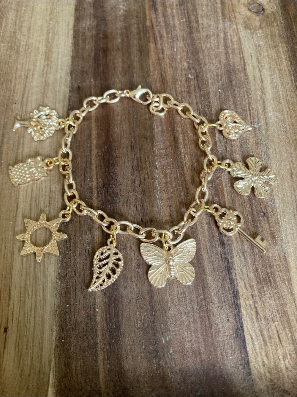 Handmade Gold Charm Bracelet with Butterfly, Leaf & Key Charms